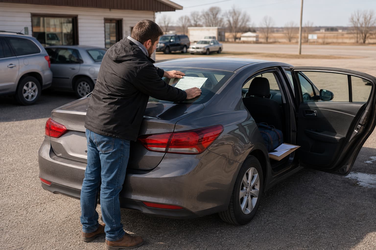 Buying a car out of state in Oklahoma with a buyer attaching a temporary permit before driving home.