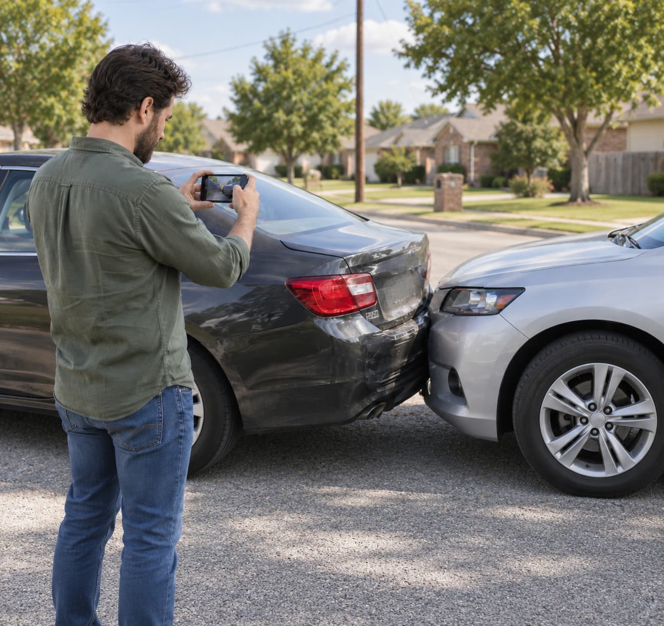 Driver photographing minor vehicle damage after an accident while covered by non-owner insurance