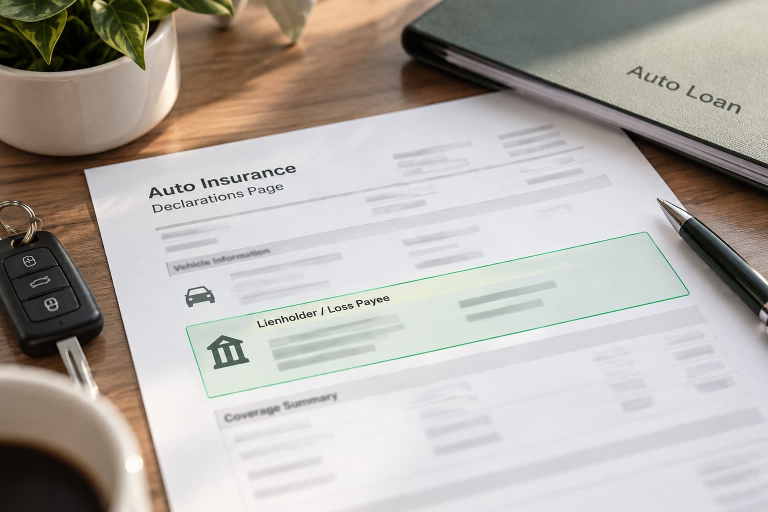 Car insurance declarations page with lienholder information highlighted