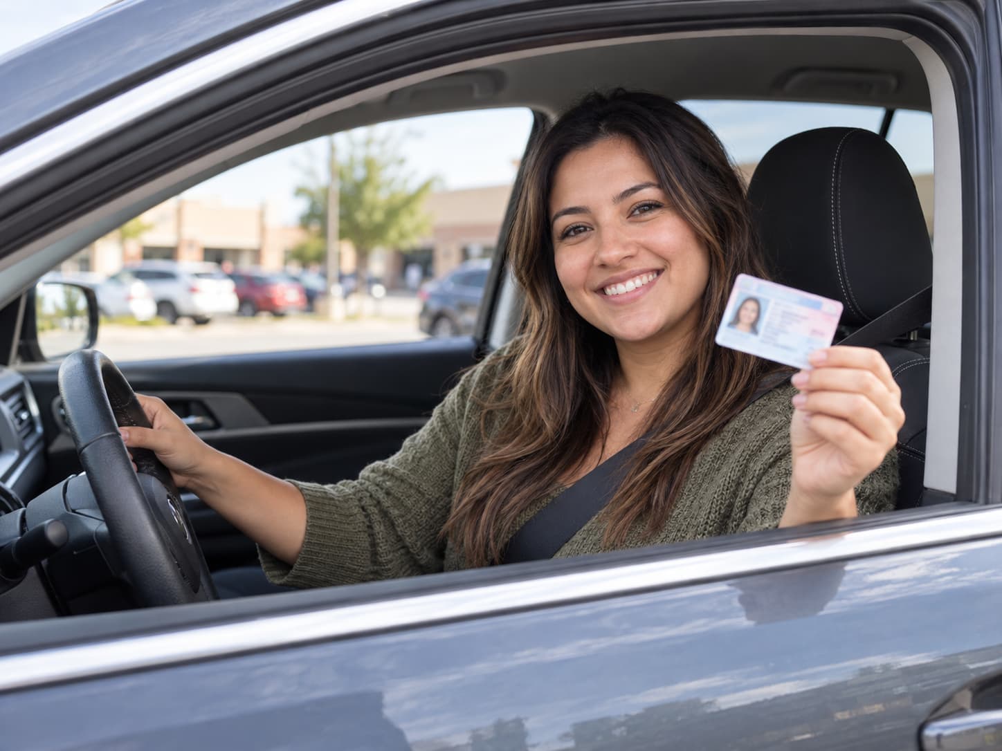 Woman sitting in a parked car holding up a driver's license in an Oklahoma City parking lot.