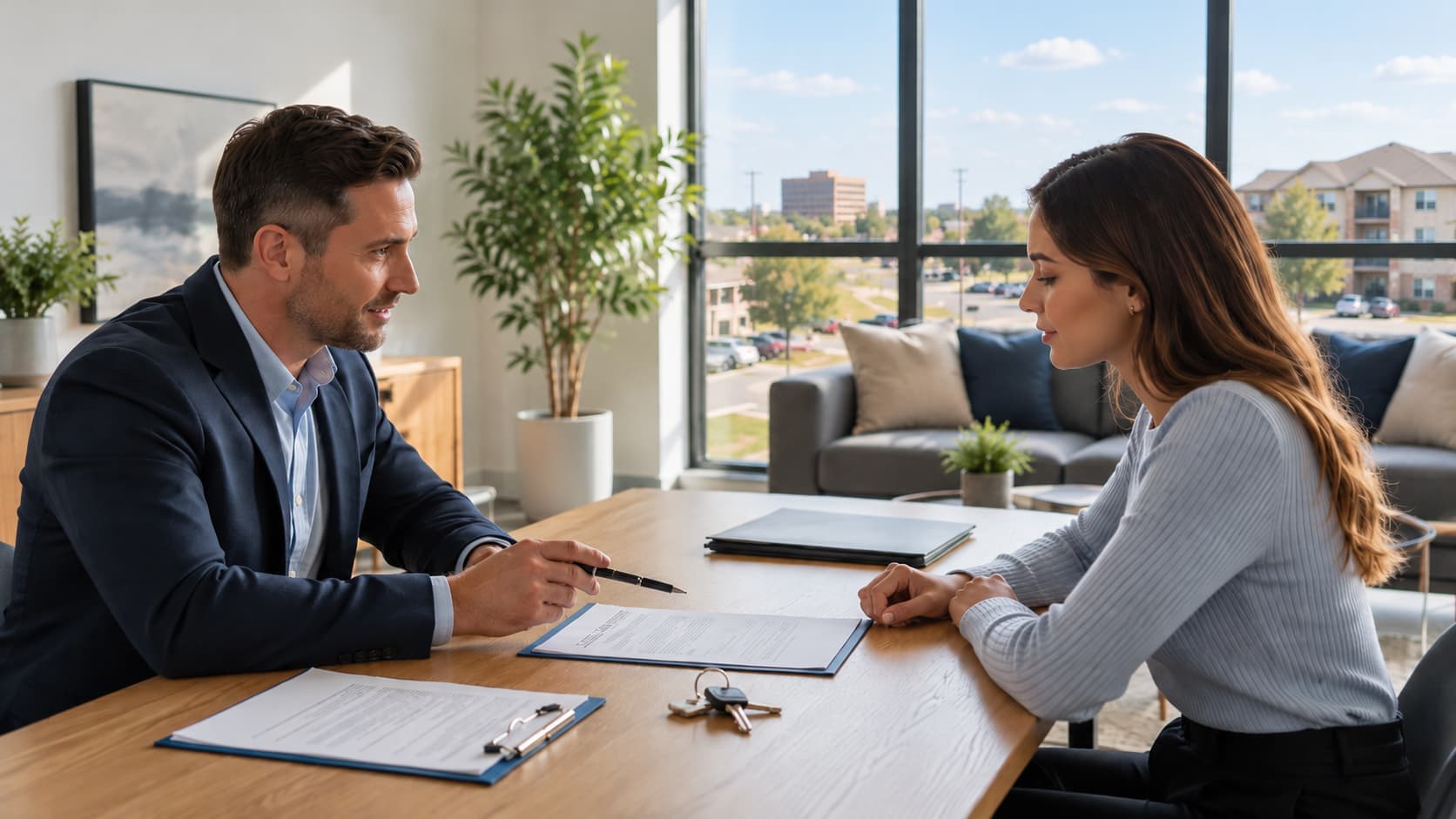 Renter reviewing lease documents with an apartment property manager at a leasing office in Oklahoma.