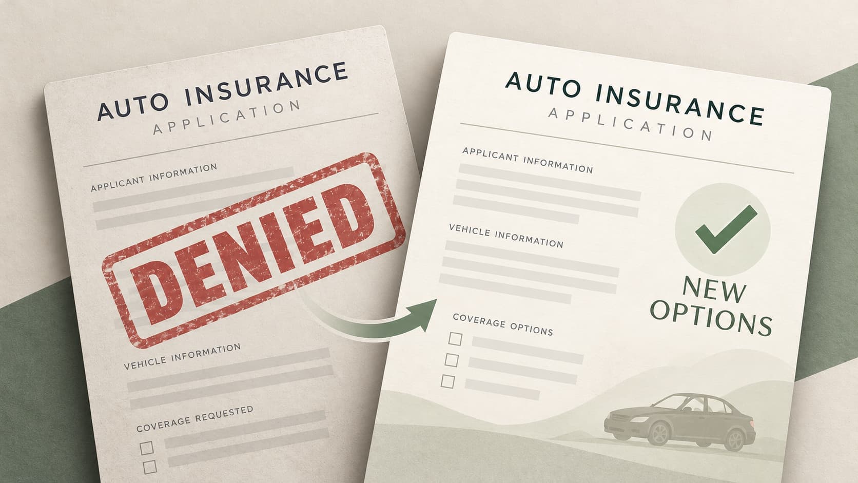 Illustration of a denied car insurance application next to a new application with a green checkmark, representing other coverage options in Oklahoma City.