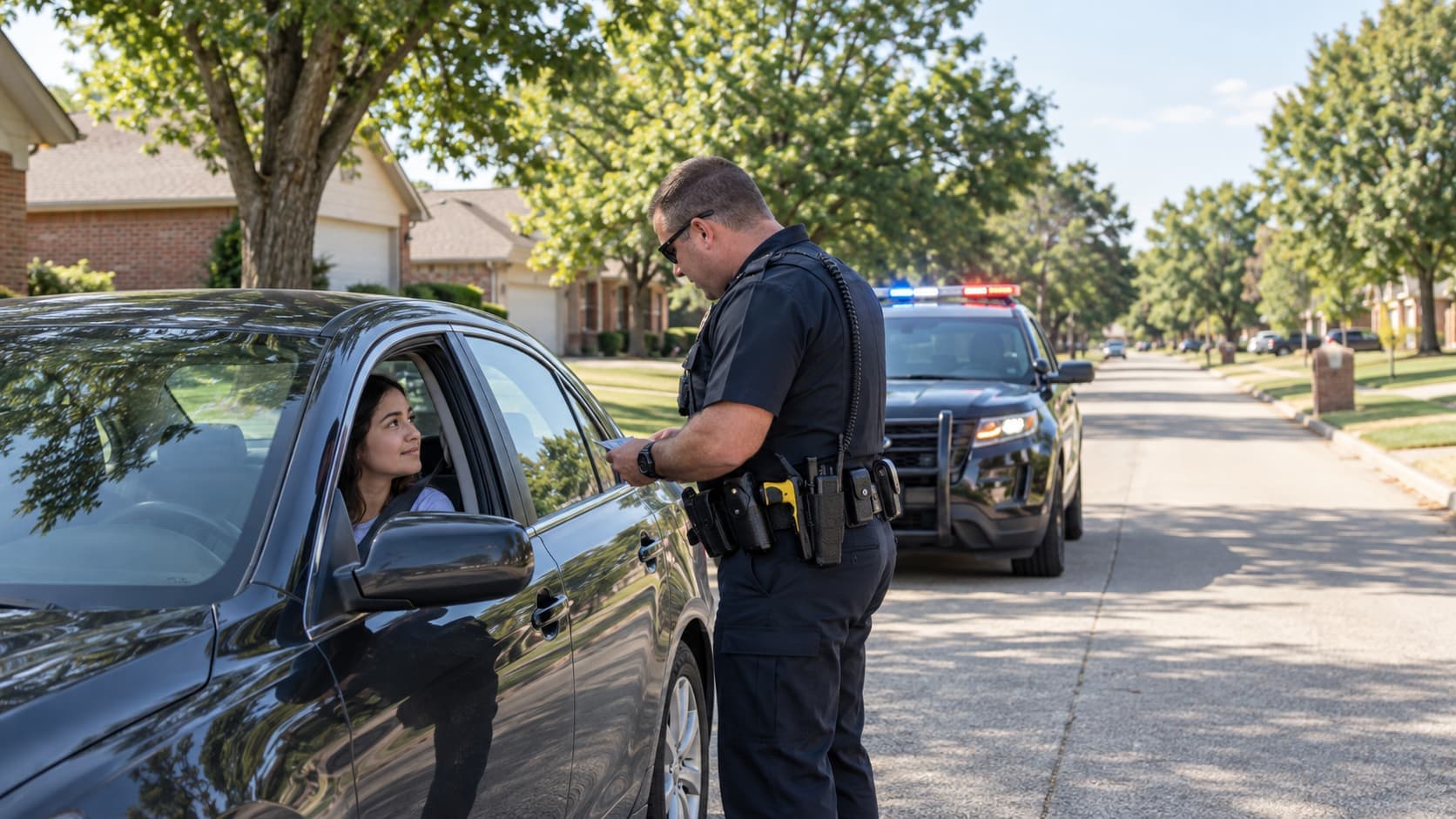 Police officer checking a driver's information during a routine traffic stop in an Oklahoma suburban neighborhood.